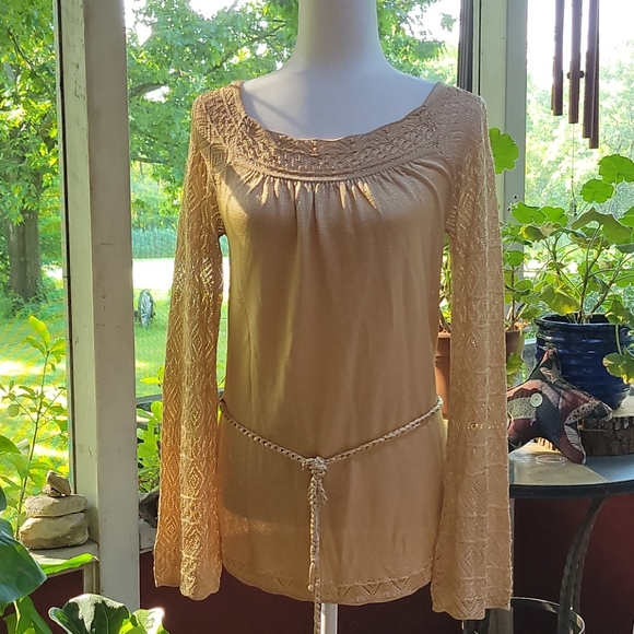 Cache Sweaters - Cache silky gold crochet belted tunic